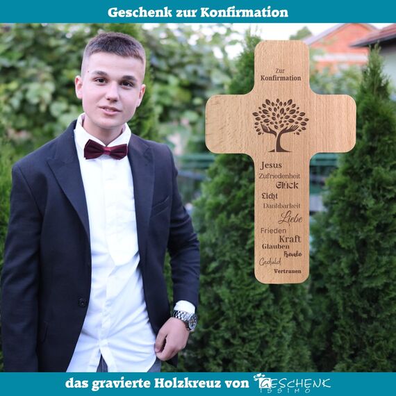 Geschenkissimo Kreuz Zur Konfirmation - Holzkreuz mit Worten Jesus Zufriedenheit Glück Liebe Glauben ... - Holz ca. 20x12x1cm, Konfirmationsgeschenk für Mädchen, Jungen Geschenkidee