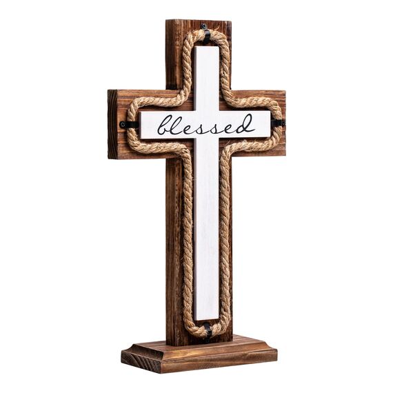 Wandkreuz aus Holz mit Holzsockel, gesegnetes Buchstaben-Design, christliche Kreuze, spirituelles religiöses Kreuz, Weihnachten, Wandbehang, handgefertigtes Holzkreuz, Hanfseil für Kirche, Zuhause,