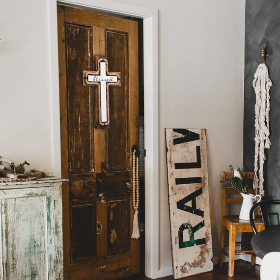 Wandkreuz aus Holz mit Holzsockel, gesegnetes Buchstaben-Design, christliche Kreuze, spirituelles religiöses Kreuz, Weihnachten, Wandbehang, handgefertigtes Holzkreuz, Hanfseil für Kirche, Zuhause,
