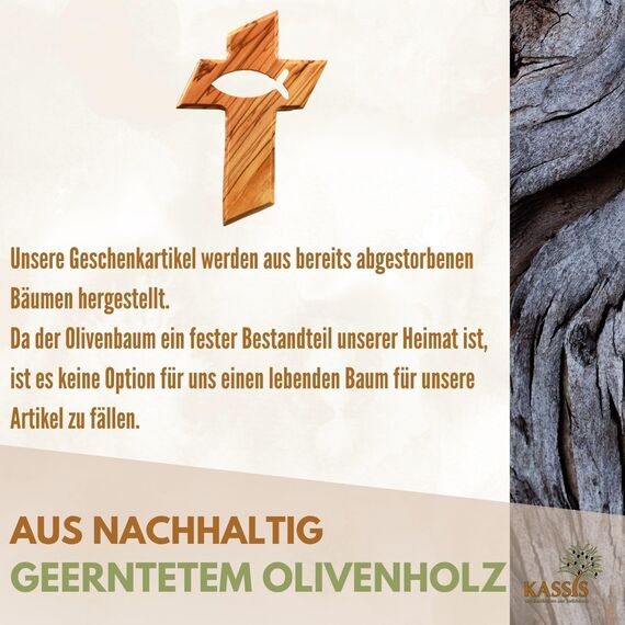 Kassis Geschenkartikel Kreuz mit Fisch aus Olivenholz – handgefertigtes Wandkreuz aus Bethlehem – spirituelles Geschenk zur Taufe, Kommunion, Firmung, Konfirmation, Hochzeit oder Einweihung