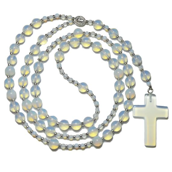 BabioKa Rosenkranz mit Mondstein, Rosenkranz aus Natursteinen, Mineralrosenkranz, Stahlrosenkranz, Rosenkranz zum Beten, Rosenkranz Kommunion, Geschenk für Kommunion, 65 cm., Stein Mondstein