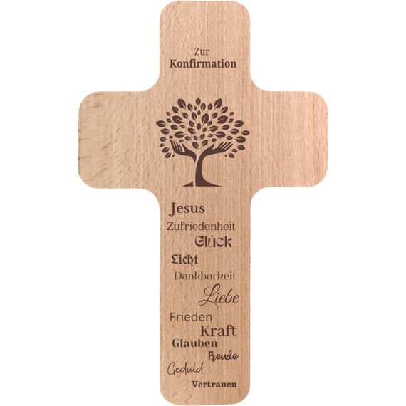 Geschenkissimo Kreuz Zur Konfirmation - Holzkreuz mit Worten Jesus Zufriedenheit Glück Liebe Glauben ... - Holz ca. 20x12x1cm, Konfirmationsgeschenk für Mädchen, Jungen Geschenkidee