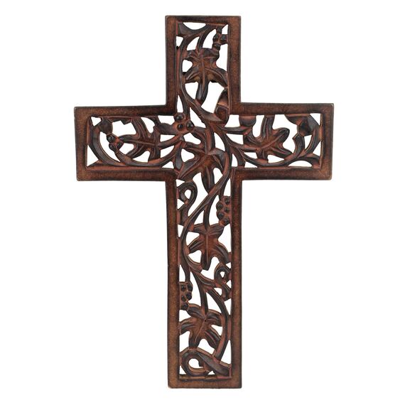 Ajuny Dekoratives Wandkreuz aus Holz, lang hängend, handgeschnitzt, Blumenmuster, Kirche, christliche Wandmontage, Holz, katholisch, für Zuhause, Büro, Kirchendekoration, religiöse Geschenke