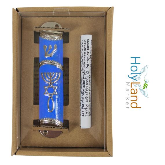Holy Land Market Messianische Messianische Mesusa-Koffer, 10,4 cm, blau-silberfarbener Rahmen, mit Schriftrolle im Lieferumfang enthalten, Metall-Wandhalterung