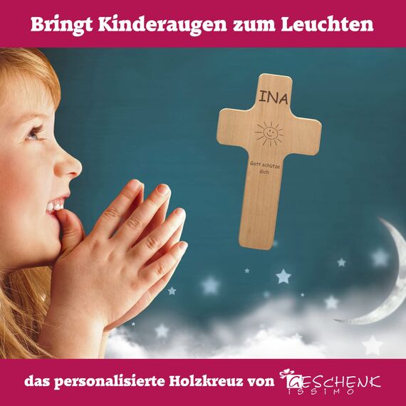 Geschenkissimo Kinderkreuz mit individueller Gravur - personalisiert mit Name, Spruch, Motiv - Kinder Holzkreuz als Taufgeschenk, Geschenk zur Kommunion, Konfirmation für Jungen und Mädchen
