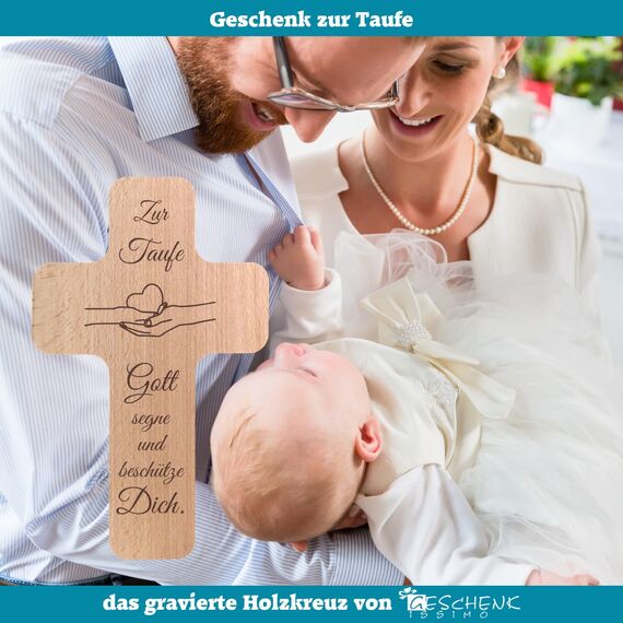 Geschenkissimo Kreuz zur Taufe Gott segne und beschütze dich - Holzkreuz Buche 20x12 cm glatt mit Bohrung zum Aufhängen - Taufkreuz Holz Geschenk - Geschenkidee