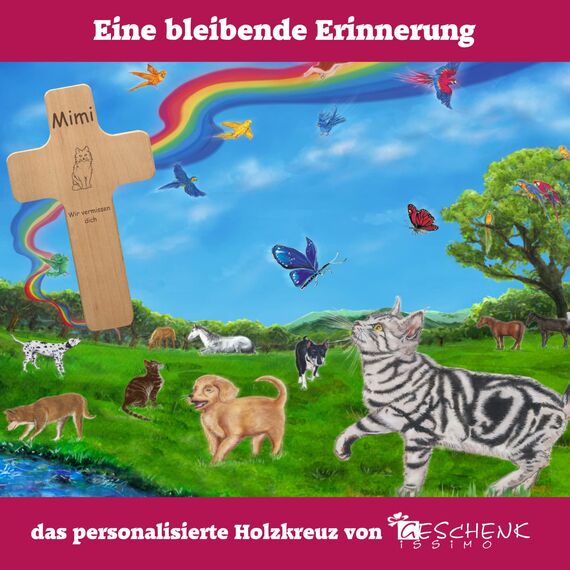 Katzenkreuz mit individueller Gravur - Name, Spruch, Motiv - Holzkreuz für Katze oder Kater als Katzenschild, Grabkreuz für verstorbene Samtpfoten, Gedenktafel, Trauergeschenk, Grabdeko