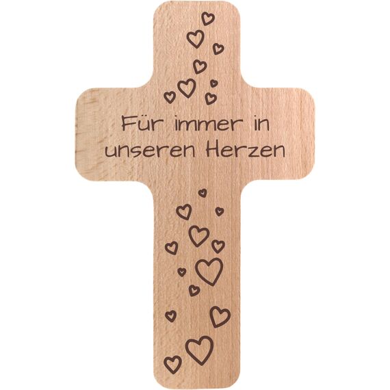 Geschenkissimo Für immer in unseren Herzen - Holzkreuz mit Gravur, Buche, 20x12 cm, kleines Kreuz zu Beerdigung, Trauerkreuz, Andenken Verstorbene, Erinnerung Geschenk