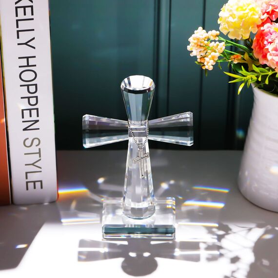 YWHL Handgefertigtes Kristallkreuz stehend, religiöse Geschenke für Frauen und Männer, Glaskreuz, Sammelfiguren für Heimdekoration