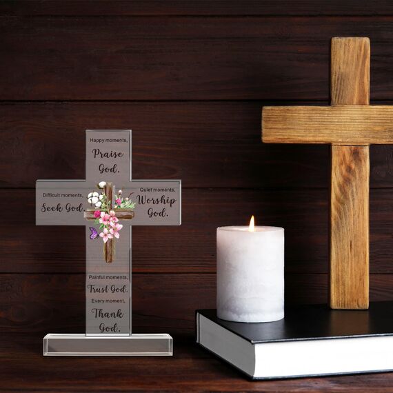 Christliches stehendes Kreuz aus Acryl, inspirierende Geschenke mit Bibelvers und Gebeten, Sonnenblume, religiöse Schrift, Geschenke für Frauen, Männer, Freunde, Ehefrau, Kollegen (eleganter Stil)