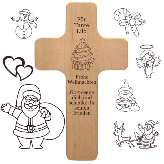 Weihnachten Deko Kreuz mit individueller Gravur - personalisiert mit Spruch + Motiv - Holz Kruzifix als Geschenk zu Weihnachten, Nikolaus, Advent, Neujahr, günstige Weihnachtsdeko
