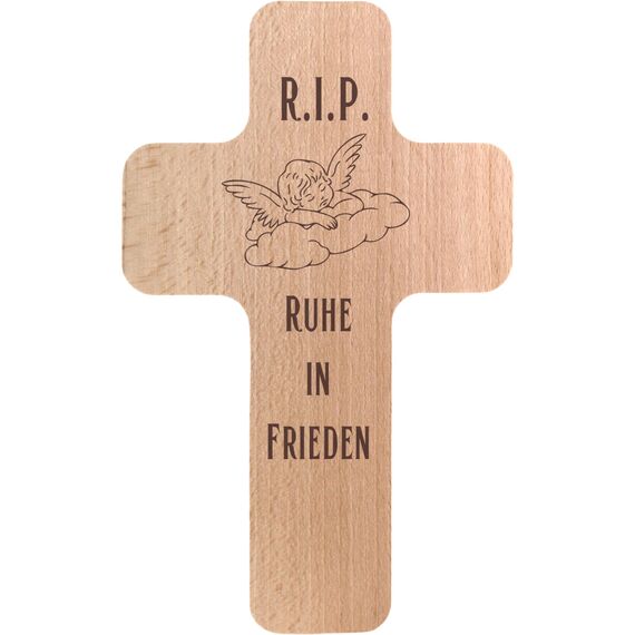 Geschenkissimo R.I.P. Ruhe in Frieden Holzkreuz mit Gravur Buche ca 20x12 cm - Bohrung zum Aufhängen auf Rückseite- Beerdigung Kreuz Trauerkreuz Wand Dekoration - Geschenkidee