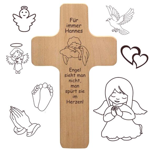 Sternenkinder Andenken - Kreuz mit individueller Gravur - personalisiert mit Name, Spruch, Motiv - Holz Kruzifix zur Erinnerung, Gedenken an Engelskinder, als Grabschmuck, Trostgeschenk