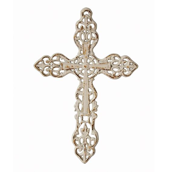 Stonebriar SB-5793A Dekoratives Wandkreuz aus Gusseisen mit Aufhängeschlaufe, 33 cm, abgenutztes Weiß
