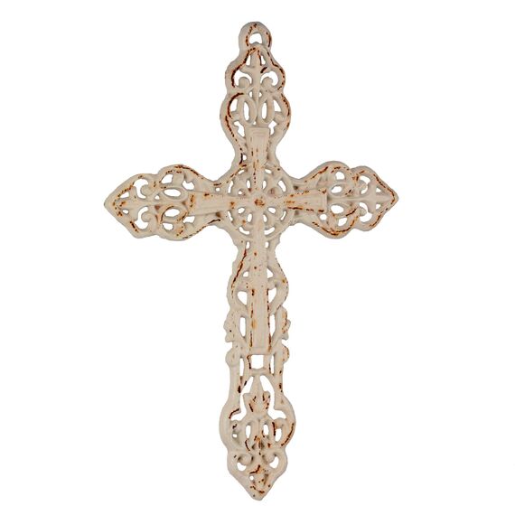 Stonebriar SB-5793A Dekoratives Wandkreuz aus Gusseisen mit Aufhängeschlaufe, 33 cm, abgenutztes Weiß