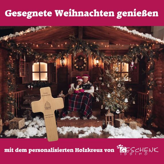 Weihnachten Deko Kreuz mit individueller Gravur - personalisiert mit Spruch + Motiv - Holz Kruzifix als Geschenk zu Weihnachten, Nikolaus, Advent, Neujahr, günstige Weihnachtsdeko