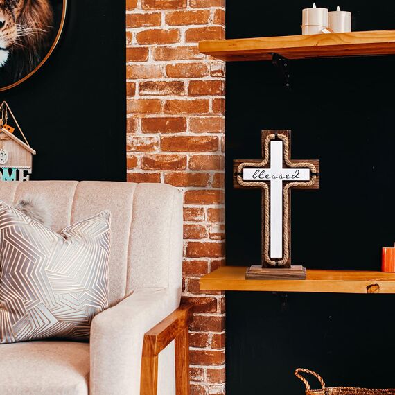 Wandkreuz aus Holz mit Holzsockel, gesegnetes Buchstaben-Design, christliche Kreuze, spirituelles religiöses Kreuz, Weihnachten, Wandbehang, handgefertigtes Holzkreuz, Hanfseil für Kirche, Zuhause,
