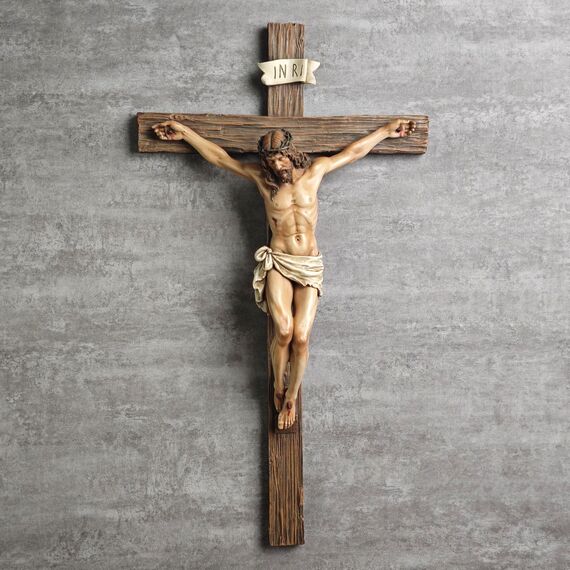 BC Katholisches Kruzifix-Wandkreuz, Jesus Christus, inspirierende Heimdekoration, frommes Geschenk, 52 cm hoch, Renaissance-Skulptur, handgefertigt von Buildclassic