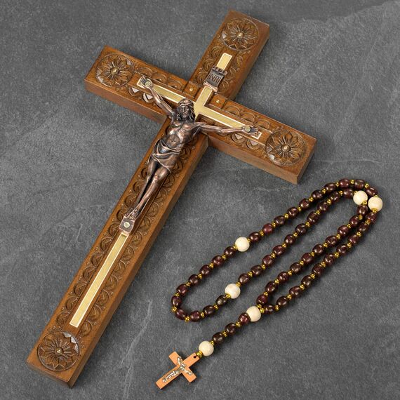 Asterom Handgeschnitztes Kruzifix - Wandkreuz für Heimdekoration, katholisches Holz, 30,5 cm