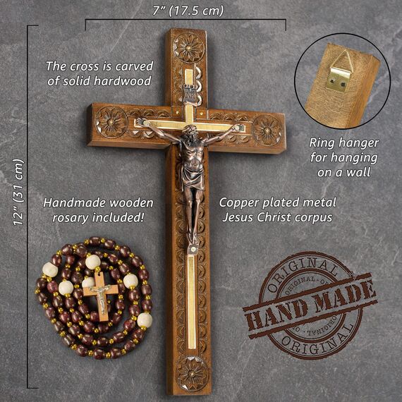 Asterom Handgeschnitztes Kruzifix - Wandkreuz für Heimdekoration, katholisches Holz, 30,5 cm