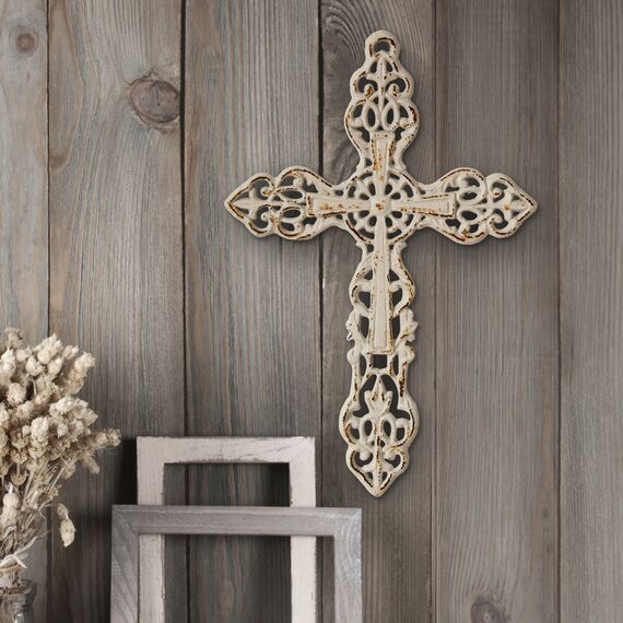 Stonebriar SB-5793A Dekoratives Wandkreuz aus Gusseisen mit Aufhängeschlaufe, 33 cm, abgenutztes Weiß