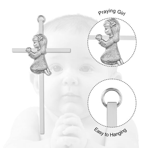 Baby Wandkreuz Taufgeschenk für Mädchen, 15 cm Silber Betendes Mädchen Kreuz zur Taufe, Erstkommunion, Christenlehre und Widmung – Taufgeschenk von Paten