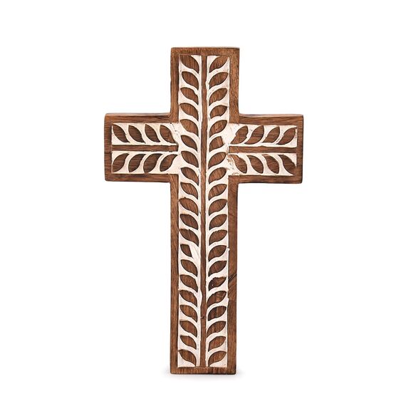 NIRMAN Religiöses katholisches Kreuz aus Mangoholz, Wandbehang, Blumenschnitzereien, Wohnzimmer, Heimdekoration für Eingangsbereich, Büro, Wohnzimmer (25,4 x 15,2 x 1,9 cm)