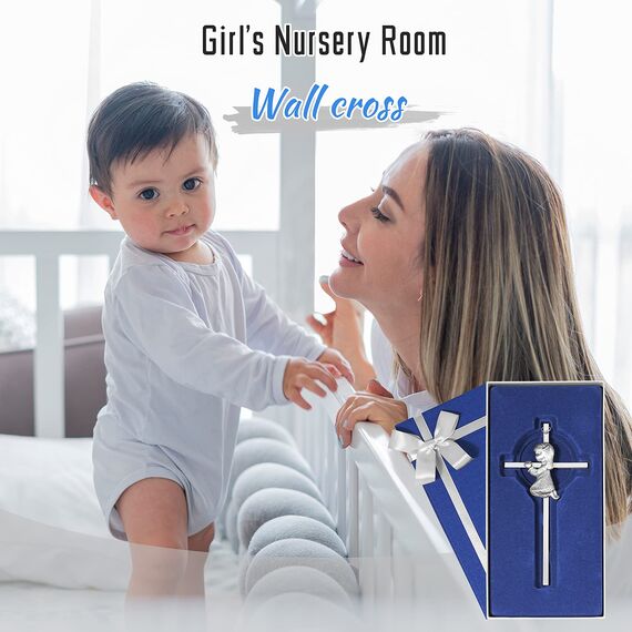 Baby Wandkreuz Taufgeschenk für Mädchen, 15 cm Silber Betendes Mädchen Kreuz zur Taufe, Erstkommunion, Christenlehre und Widmung – Taufgeschenk von Paten