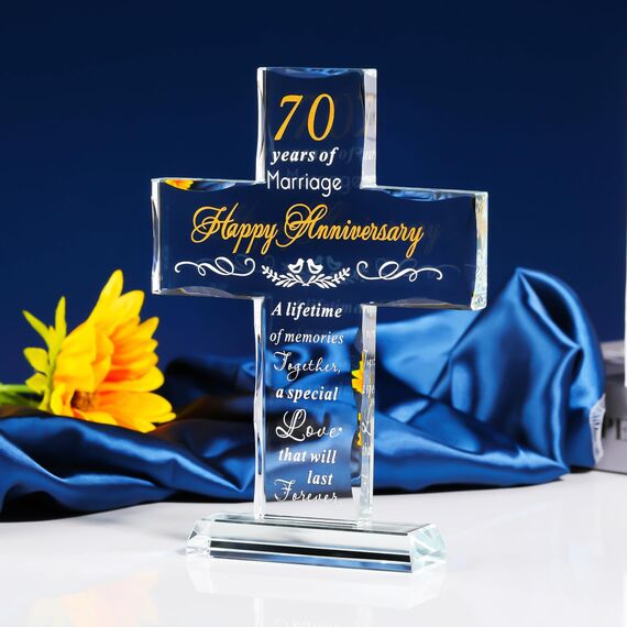 YWHL 70. Hochzeitstag Kreuz Geschenke für Paare, 70 Jahre Ehe Glas Kreuz Andenken für Eltern Großeltern, 70 Jahre Jahrestag Dekoration