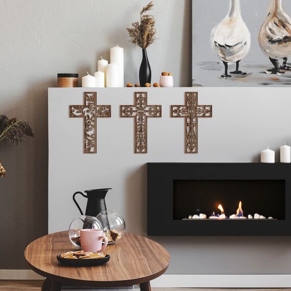 Yookeer 3 Stück Holzkreuz Wanddekoration Kreuz zum Aufhängen, handgefertigt, antike, religiöse, braune Holzdekoration, handgeschnitzte Wanddekoration für Wohnzimmer, Kinderzimmer, Hochzeit