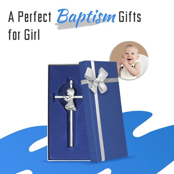 Baby Wandkreuz Taufgeschenk für Mädchen, 15 cm Silber Betendes Mädchen Kreuz zur Taufe, Erstkommunion, Christenlehre und Widmung – Taufgeschenk von Paten