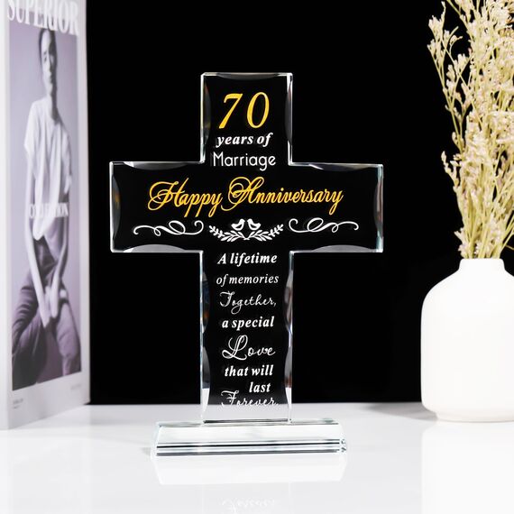 YWHL 70. Hochzeitstag Kreuz Geschenke für Paare, 70 Jahre Ehe Glas Kreuz Andenken für Eltern Großeltern, 70 Jahre Jahrestag Dekoration