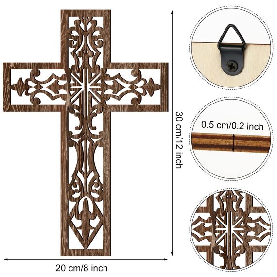 Yookeer 3 Stück Holzkreuz Wanddekoration Kreuz zum Aufhängen, handgefertigt, antike, religiöse, braune Holzdekoration, handgeschnitzte Wanddekoration für Wohnzimmer, Kinderzimmer, Hochzeit