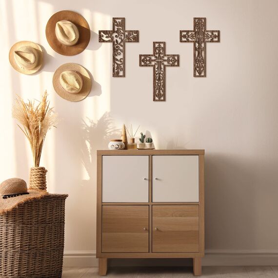 Yookeer 3 Stück Holzkreuz Wanddekoration Kreuz zum Aufhängen, handgefertigt, antike, religiöse, braune Holzdekoration, handgeschnitzte Wanddekoration für Wohnzimmer, Kinderzimmer, Hochzeit