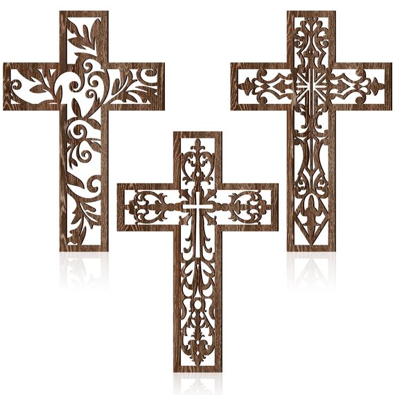 Yookeer 3 Stück Holzkreuz Wanddekoration Kreuz zum Aufhängen, handgefertigt, antike, religiöse, braune Holzdekoration, handgeschnitzte Wanddekoration für Wohnzimmer, Kinderzimmer, Hochzeit