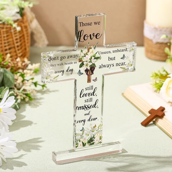 Jetec Trauergeschenk für den Verlust eines geliebten Menschen, Acryl-Kreuz, Blumenmuster, rotes Kardinal, Gedenkgeschenk für Mutter, Vater, Oma, Freund, Schwestern, Brüder (Kreuz)
