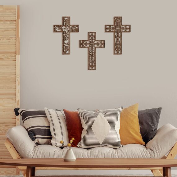 Yookeer 3 Stück Holzkreuz Wanddekoration Kreuz zum Aufhängen, handgefertigt, antike, religiöse, braune Holzdekoration, handgeschnitzte Wanddekoration für Wohnzimmer, Kinderzimmer, Hochzeit