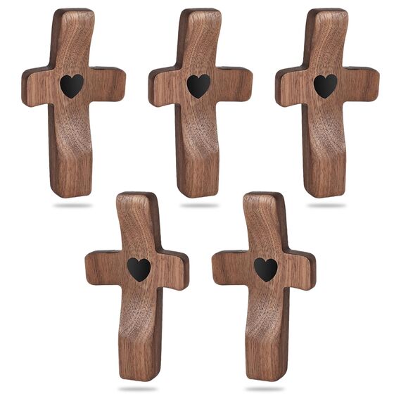 Jevuoyee 5pcs Walnussholz Taschenkreuz, kleines Holzkreuz Mein Herz Ermutigung Geschenk, Fingerspitzen-Stressabbau Geschenk, Weihnachtsgeschenk zum Beten, Greifen, Festhalten (schwarz)