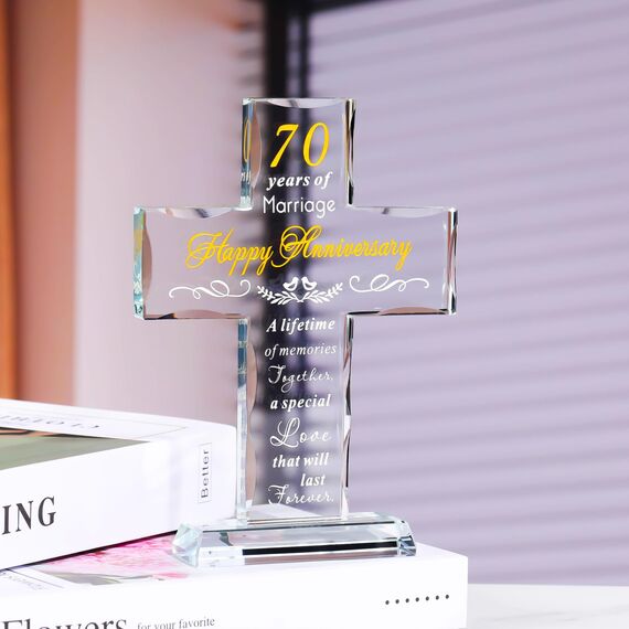 YWHL 70. Hochzeitstag Kreuz Geschenke für Paare, 70 Jahre Ehe Glas Kreuz Andenken für Eltern Großeltern, 70 Jahre Jahrestag Dekoration