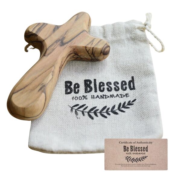 Handcrafted Olive Wood Comfort Holding Cross (4 Inch) from Bethlehem in Pouch