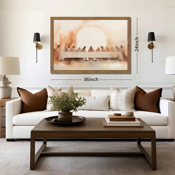 Leonardo da Vinci Leinwandbild, Holzrahmen, Motiv: Jesus Letztes Abendmahl, Leinwanddruck, Poster, Wanddekoration, christliche Wandkunst, Heimdekoration für Wohnzimmer, Esszimmer, Dekoration, 91,4 x