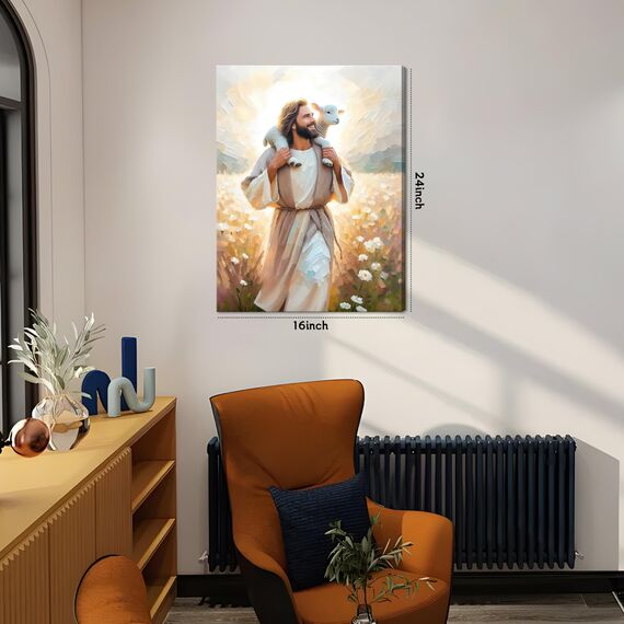 Jesus Leinwand-Kunstdruck, christliches Wanddekor, Poster, Gemälde von Jesus, der das Lamm trägt, inspirierende, religiöse Dekoration für Wohnzimmer, Kirche oder Gebetsraum, 40,6 x 61 cm, gerahmt
