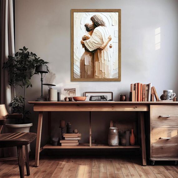 Kunstdruck auf Leinwand mit Holzrahmen, Motiv: Jesus umarmende Frau, sicher in seinen Armen, Bilder, Leinwanddruck, Poster, Wanddekoration, christliche Wandkunst, Heimdekoration für Wohn- und