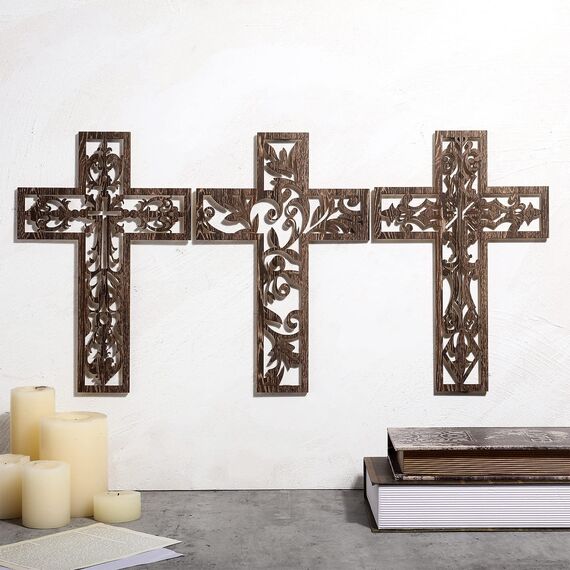 Yookeer 3 Stück Holzkreuz Wanddekoration Kreuz zum Aufhängen, handgefertigt, antike, religiöse, braune Holzdekoration, handgeschnitzte Wanddekoration für Wohnzimmer, Kinderzimmer, Hochzeit