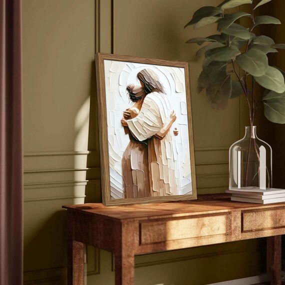 Kunstdruck auf Leinwand mit Holzrahmen, Motiv: Jesus umarmende Frau, sicher in seinen Armen, Bilder, Leinwanddruck, Poster, Wanddekoration, christliche Wandkunst, Heimdekoration für Wohn- und