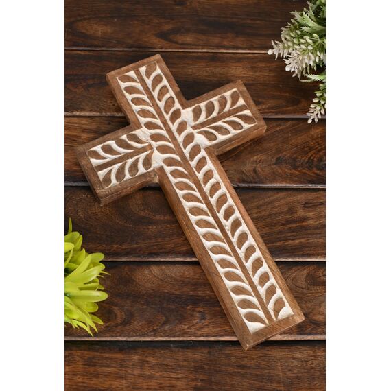 NIRMAN Religiöses katholisches Kreuz aus Mangoholz, Wandbehang, Blumenschnitzereien, Wohnzimmer, Heimdekoration für Eingangsbereich, Büro, Wohnzimmer (25,4 x 15,2 x 1,9 cm)