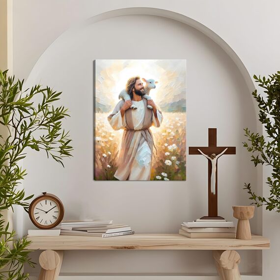 Jesus Leinwand-Kunstdruck, christliches Wanddekor, Poster, Gemälde von Jesus, der das Lamm trägt, inspirierende, religiöse Dekoration für Wohnzimmer, Kirche oder Gebetsraum, 40,6 x 61 cm, gerahmt