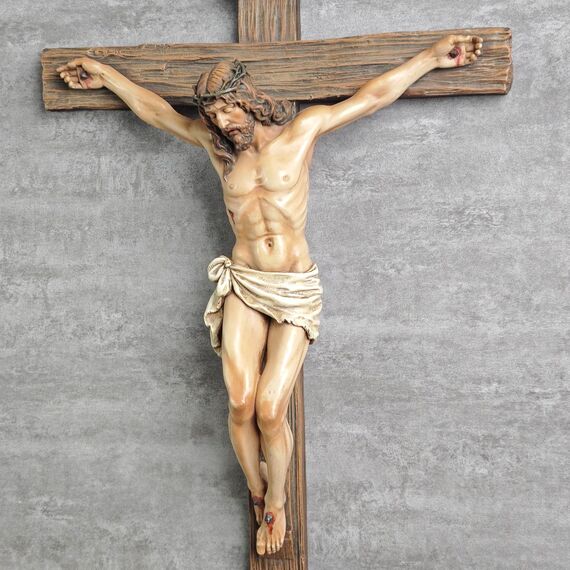 BC Katholisches Kruzifix-Wandkreuz, Jesus Christus, inspirierende Heimdekoration, frommes Geschenk, 52 cm hoch, Renaissance-Skulptur, handgefertigt von Buildclassic