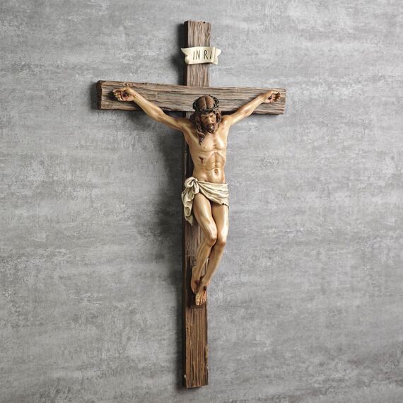 BC Katholisches Kruzifix-Wandkreuz, Jesus Christus, inspirierende Heimdekoration, frommes Geschenk, 52 cm hoch, Renaissance-Skulptur, handgefertigt von Buildclassic