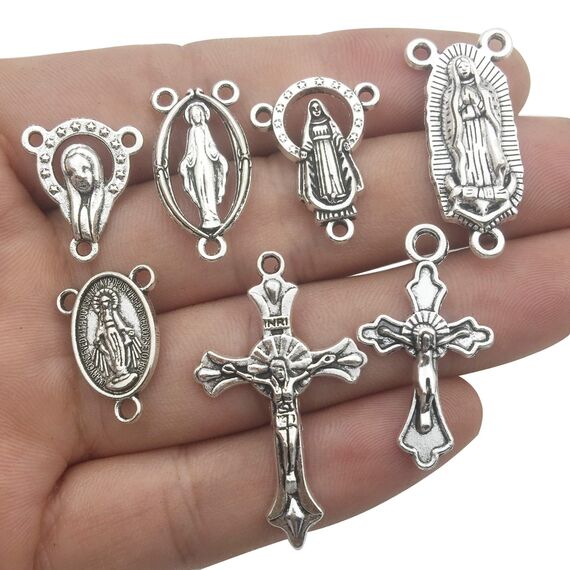 100 g (60 Stück) Antik-Silberkreuz Jesus Maria Our Lady Miraculous Herzstück Kruzifix-Medaillenanhänger zum Basteln, Schmuckherstellung, Zubehör für DIY Rosenkranz, Halskette, Armband (M154)